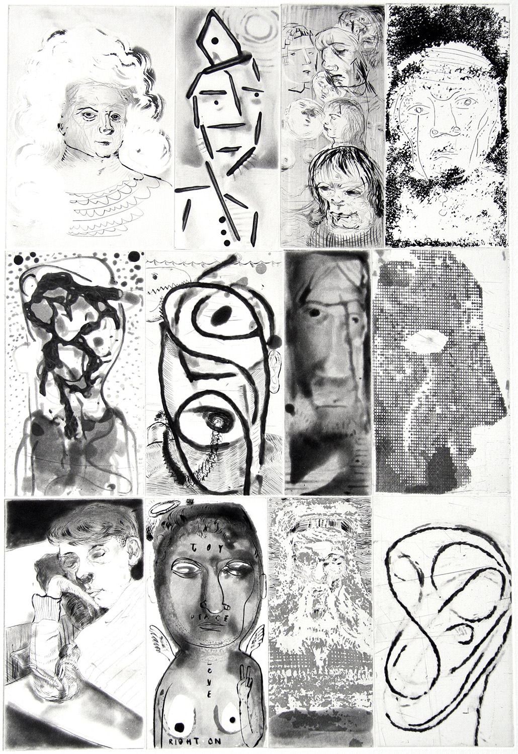 Twelve black and white drawings of facial features arranged in a tile, featured at Print Center New York.