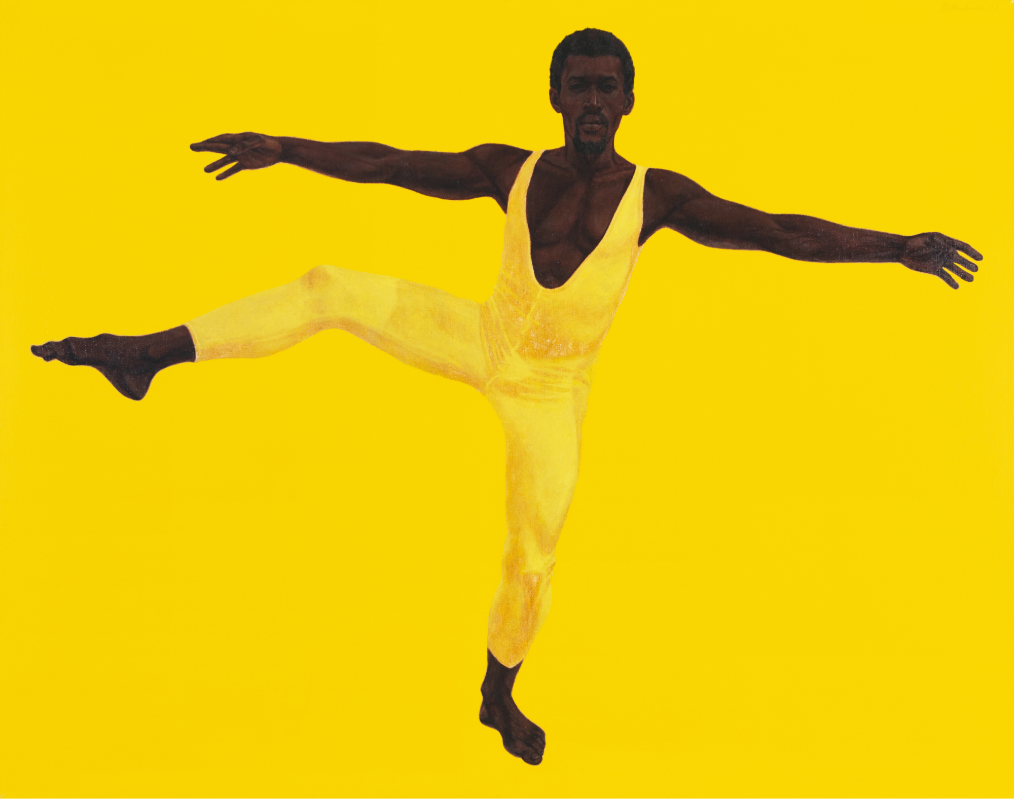 Artwork featured at Jack Shainman Gallery of a dancer wearing a yellow unitard against a yellow background.