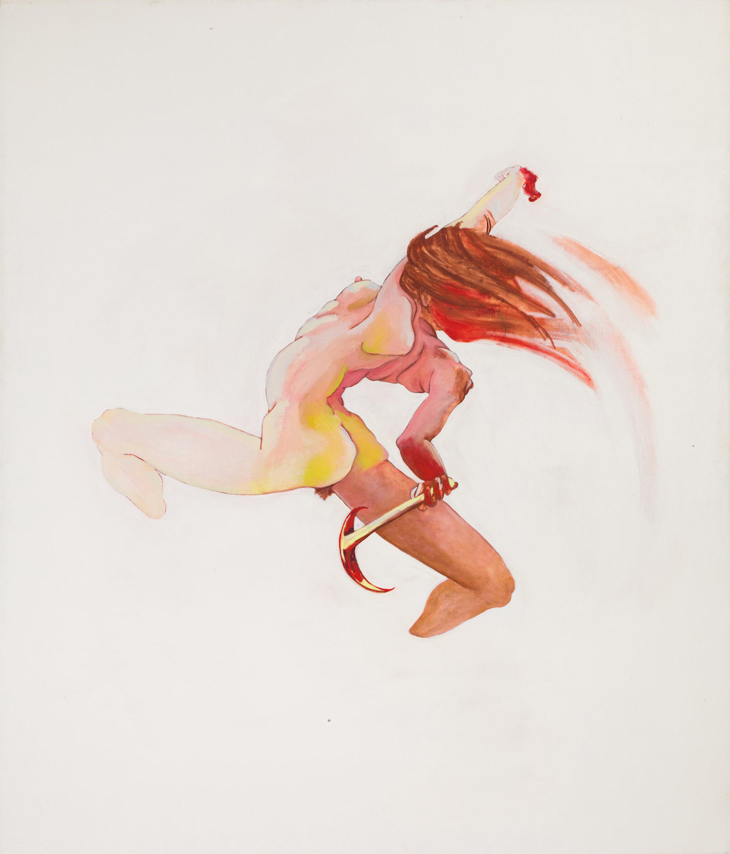 Watercolor artwork of nude figure against an off-white backdrop, jumping away from the viewer, holding a sickle in their hand with their other fist pressed towards the sky.
