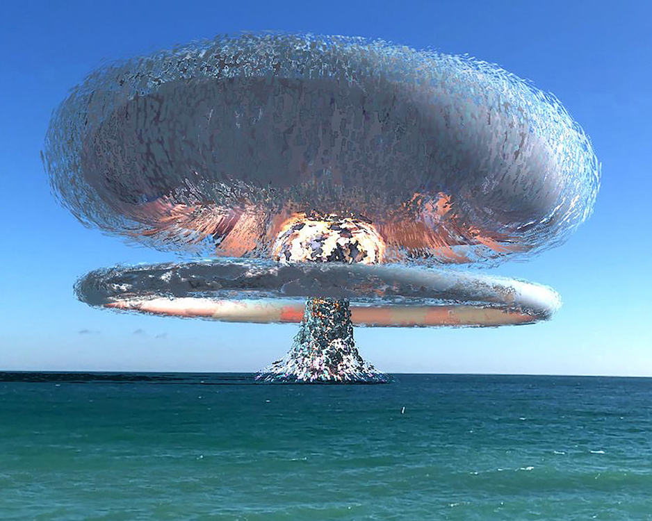Artwork by Nancy Baker Cahill of mushroom cloud explosion hovering over the surface of the ocean.